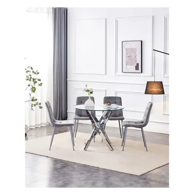 Dining Table and Chairs Round Glass Table Grey Velvet Chairs Dining Set