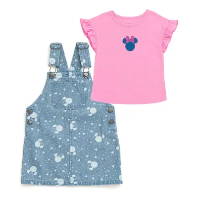 Disney Minnie Mouse Toddler Girls Vintage Wash Denim Overall Dress and T-Shirt Outfit Set Pink/B