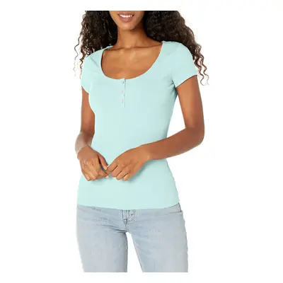 GUESS Women's Short Sleeve Karlee Jewel Henley Dazzle Aqua Medium