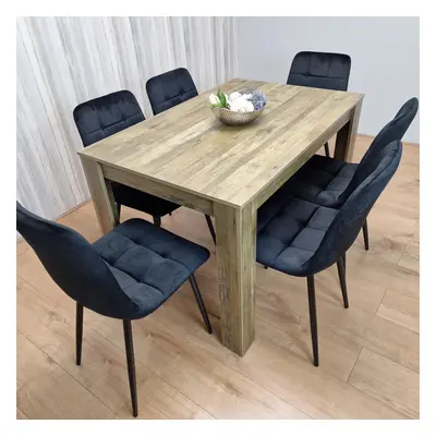 Dining Table and Chairs Rustic Effect Wood Table Black Leather Chairs Dining Room