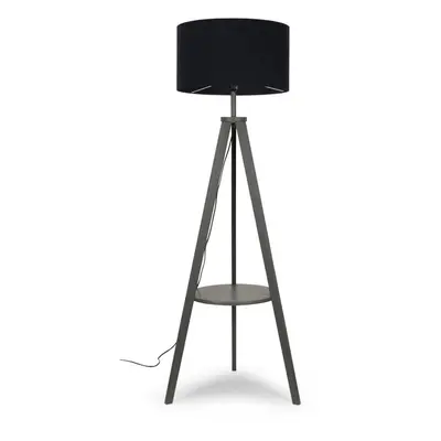 ValueLights Morrigan Grey Wood Tripod Floor Lamp with Large Black Reni Shade