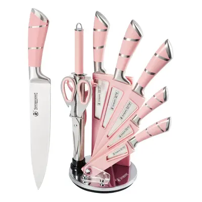 (Pink) Kitchen Knife Set, Piece Professional Kitchen Set with Degree Rotating Acrylic Stand, Kni