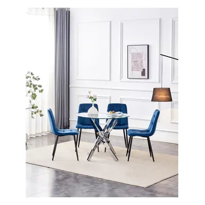 Dining Table and Chairs Round Glass Table Blue Velvet Chairs Dining Set