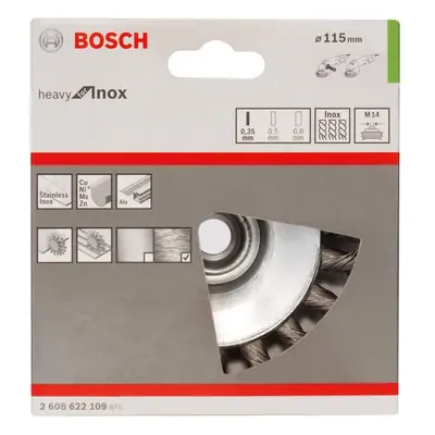 Bosch Conical Brush Knotted Wire 0.35mm, 115mm x M14, Inox, Silver/Green