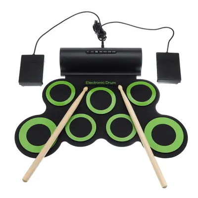 Portable Electronic Digital USB Pads Roll up Set Silicone Green Electric Drum Kit with Drumstick