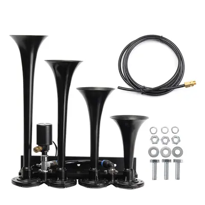 12V Loud 149dB Four Trumpet Train Air Horn Metal Black For Car Truck Boat