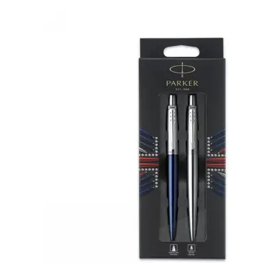 Parker Jotter London Two Pen Set with Chrome Trim Medium Nib Blue and Black Ink