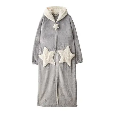 (L, Grey) Women Zipper Robes Plus Size Luxurious Flannel Fleece Full Length Bathrobe With Pocket