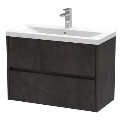 Square Wall Hung Drawer Vanity Unit & Ceramic Basin, 800mm - Textured Matt Metallic Slate