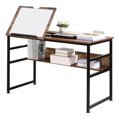 HOMCOM Tiltable Drafting Table Home Office Computer Desk w/ Shelf, Rustic Brown