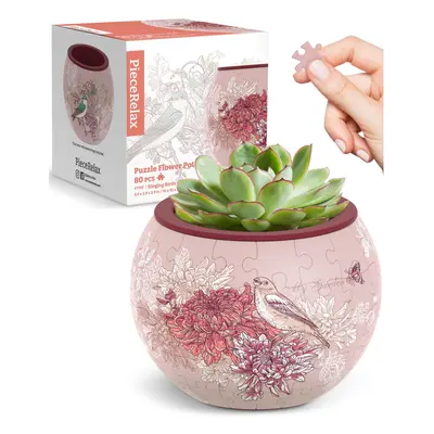 PieceRelax 3D Puzzle Planter - Singing Birds and Flowers - Small Round Plant Pots with Drainage 