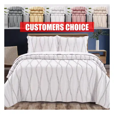 3 Piece Quilted White Cosy Bedspread Embossed Bed Throw King Size