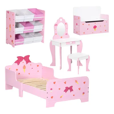 ZONEKIZ 5PCs Kids Furniture Set W/ Bed Toy Box Vanity Table Storage Unit, Pink