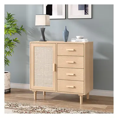 Wood and Rattan Accent Side Cabinet