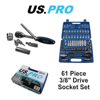 US PRO Tools 3/8" Drive Sockets & Deep Socket Set 61pc Tool Set