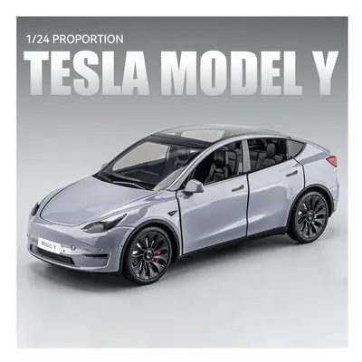 (Model Y Grey) 1:24 Tesla Model Y With Charging Pile Alloy Car Model Diecast Metal Toy Simulatio