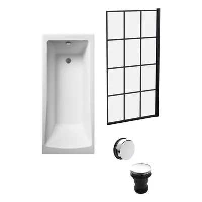 Square Single Ended Bath, Abstract Black Screen and Chrome Waste -1700x700mm