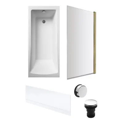 Square Single Ended Bath, Brushed Brass Screen, Front Panel, Chrome Waste-1700x700mm