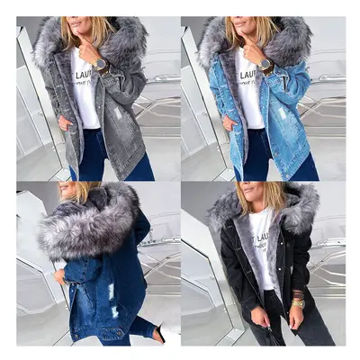 (Grey, L) Womens Ladies Fur Lining Coat Winter Warm Thick Long Jacket Outdoor Hooded Parka