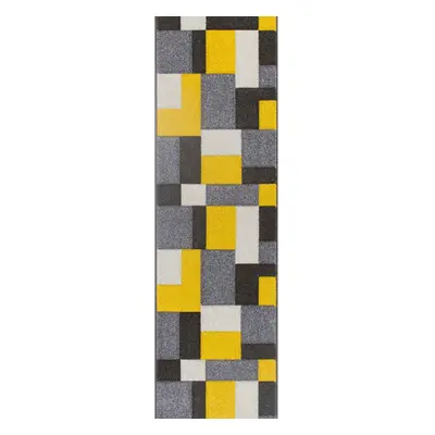 (26. 8425I Box - Yellow / Grey, Hallway Runner : x cm) Modern Geometric Floral Abstract Area Rug