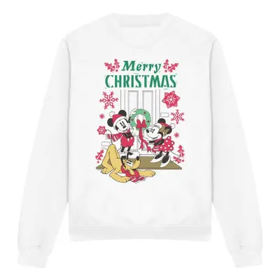 (S, White) Disney Unisex Adult Mickey & Minnie Mouse Wreath Christmas Sweatshirt