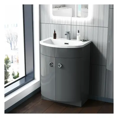 Nes Home Grey 600mm Freestanding Gloss Basin Vanity Storage Unit