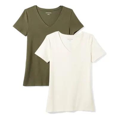 Women's Classic-Fit Short-Sleeve V-Neck T-Shirt, Pack of 2, Olive/Oatmeal Heather, X-Small