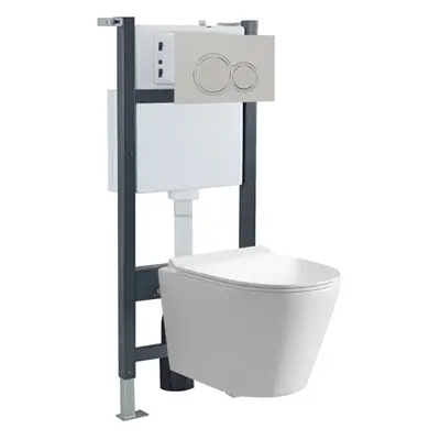 Nes Home White Round Wall Hung Toilet With Frame & Round Button Flush Plate