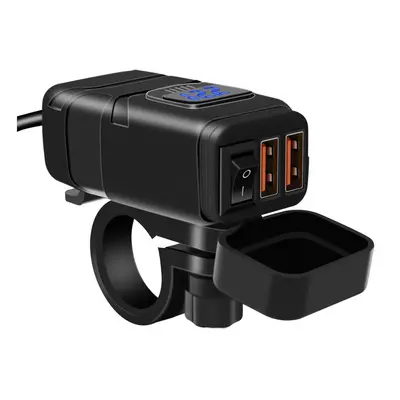 (Blue) 12V/24V QC3.0 Waterproof Motorcycle Dual Usb Charger LED Volt Meter VoltmeterSocket