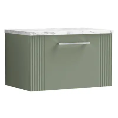 Retro Drawer Wall Hung Vanity Unit with Carrera Marble Laminate Worktop - 600mm - Satin Green - 