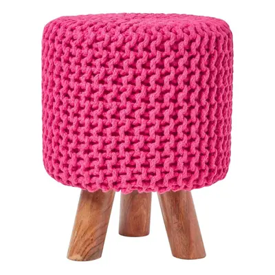 (Hot Pink) Tall Knitted Cotton Footstool with Tripod Wooden Legs