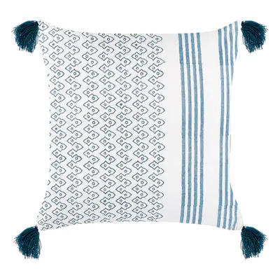 Cotton Cushion Geometric Pattern with Tassels x cm White and Blue TILIA