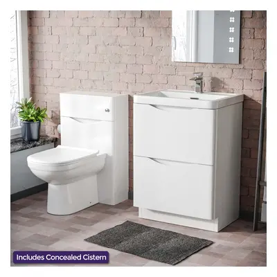 Merton Freestanding White Basin Vanity Cabinet, WC & Round BTW Toilet Set