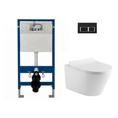 (Complete Set Round WC (Black)) Wall Hung Toilet Rimless DPT Pan, Seat & 1.12m Concealed Cistern