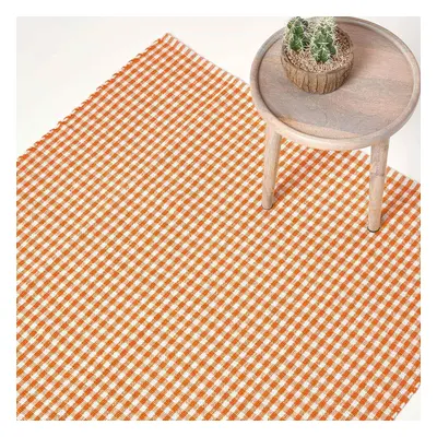 (110 x cm, Orange) Cotton Gingham Check Rug Hand Woven