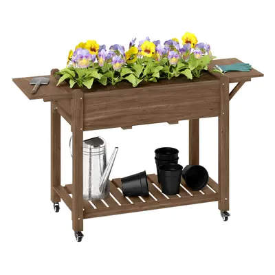 Outsunny Wooden Raised Planter with Lockable Wheels, Liner, Carbonised