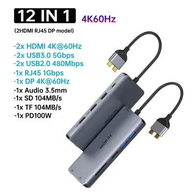 (12 in 1E(2HDMI DP) MOKiN 12-in-1 Gen USB C HUB 4K@60Hz HDMI DP 3* USB 3.0 Type C Port SD/TF PD 