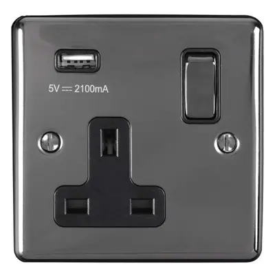 1 Gang Single UK Plug Socket & 2.1A USB Charger BLACK NICKEL 13A Switched