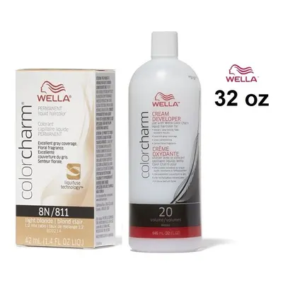 (8N+Developer (Vol.20) 32oz) Wella 8N Light Blonde Color Charm Permanent Liquid Haircolor