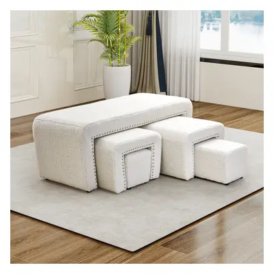 White Upholstered Teddy Fleece Ottoman Bench Set