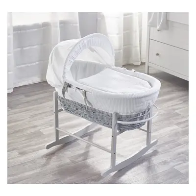 White Waffle Grey Wicker Moses Basket with Rocking Stand Grey