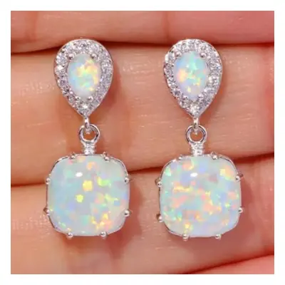 925 Silver Opal Jewelry Square Opal Earrings