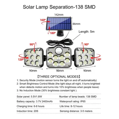 (138SMD - B) Solar Lights Outdoor 171COB 108/122/138LEDs Motion Sensor Light Head Remote Control