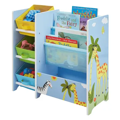 (Safari) Book Display with Storage Fabric Bins, Blue, Yellow, Green