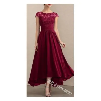 (red, XXL) Women Lace Short Sleeves Pleat Bridal Bride Bridesmaids Host Wedding Long Dress Party