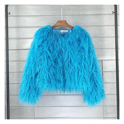 (sky blue, 3XL) Color Women&apos;s Fur Coat Colorful Fluffy Pink Lamb Fur Faux Fur Coat Sheepski