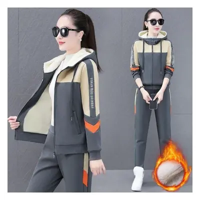 (grey, XXXL) Women&apos;s Autumn Winter Fleece-lined Thickened Sports Suit Hooded Sweatshirt Two