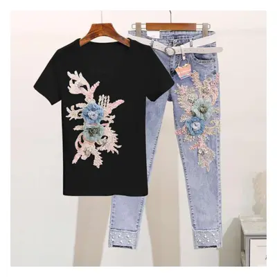 (black, XS) Summer Women Loose Embroidery Short Sleeve Top And Cropped Jeans Suit Two-piece Set 