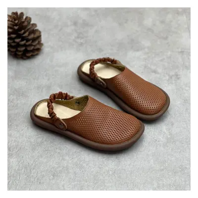 (auburn, 37) Johnature Handmade Genuine Leather Round Toe Sandals Women Soft Sole Flat Slippers 