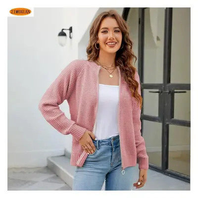 (pink, S) Zimoxuan Casual Round Neck Sweater With Zipper - Trendy Knitted Cardigan For Women